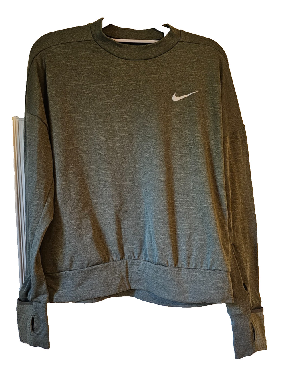 Nike Running Dri-FIT Crewneck Sweatshirt Thumbholes Reflective Olive Green Small